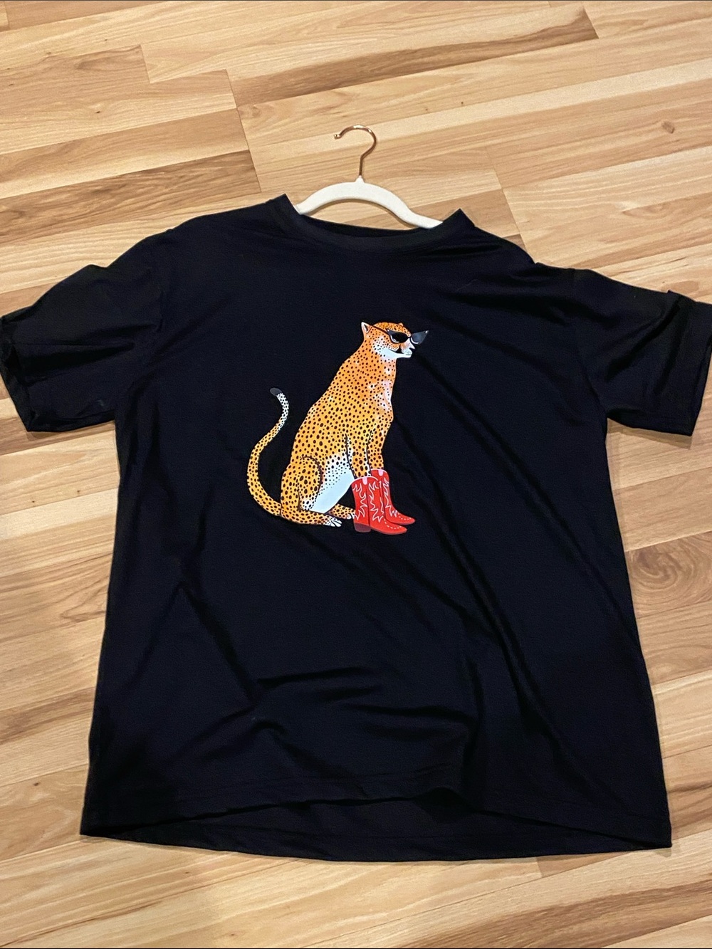 Black Cat Graphic Tee with Orange Leopard and Red Boots
